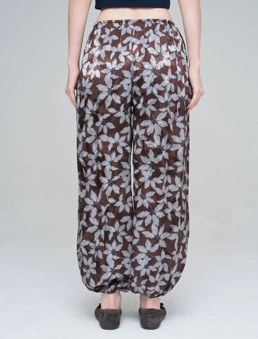 Leaf Patterned Viscose Women's Trousers with Elasticated Hem - Chocolate
