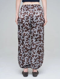 Leaf Patterned Viscose Women's Trousers with Elasticated Hem - Chocolate
