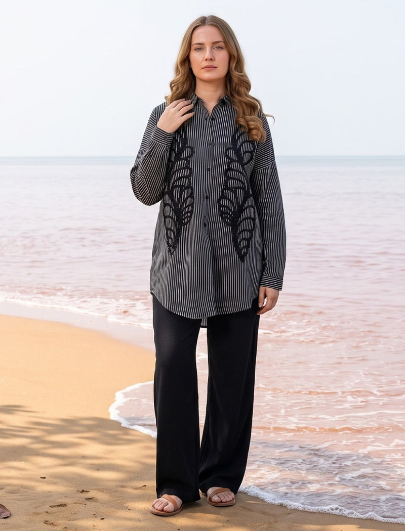 Shirt with Floral Embroidery and Stone Work Details - Black