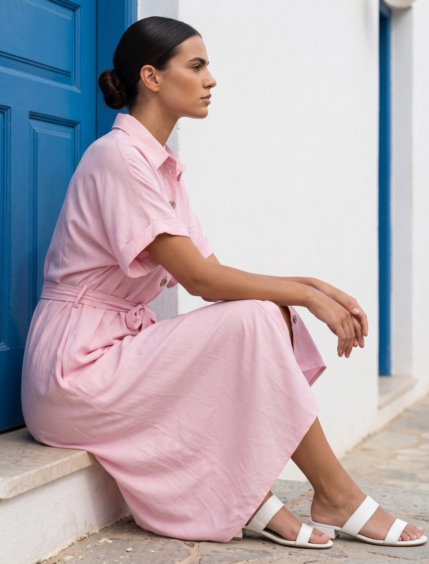 Indigo Tie Hemp Linen Shirtdress - Pink