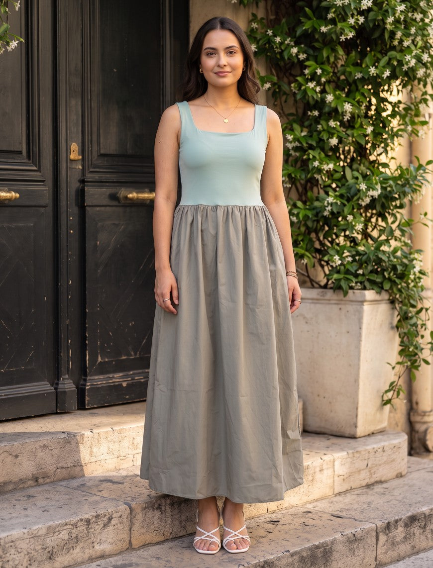 Indigo Cotton Blended Jersey Women's Frock - Green & Grey