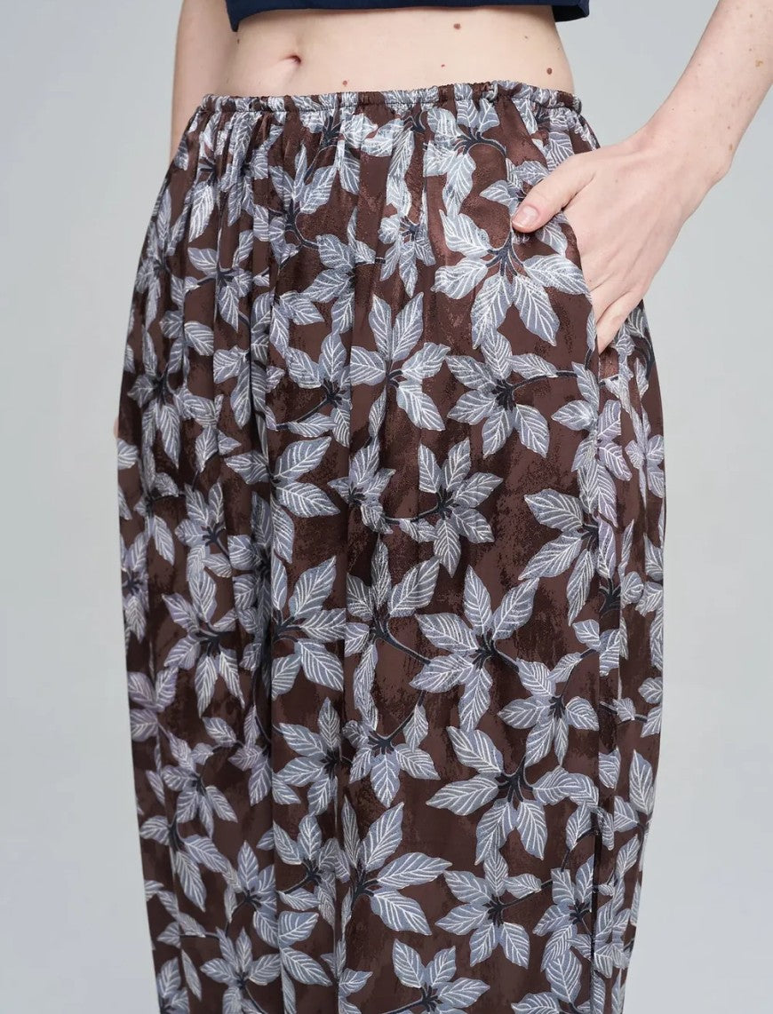 Leaf Patterned Viscose Women's Trousers with Elasticated Hem - Chocolate