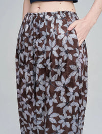 Leaf Patterned Viscose Women's Trousers with Elasticated Hem - Chocolate