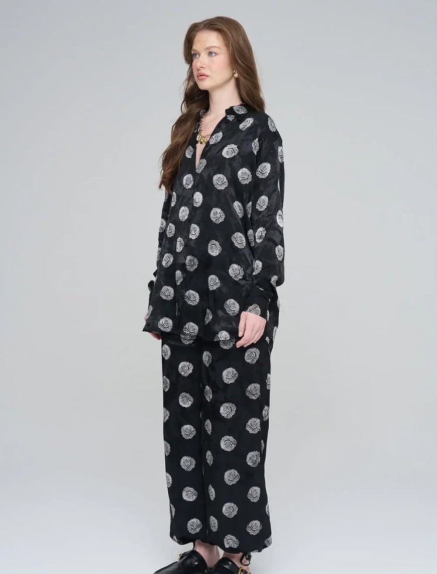 Rose Pattern Oversize Women's Shirt - Black