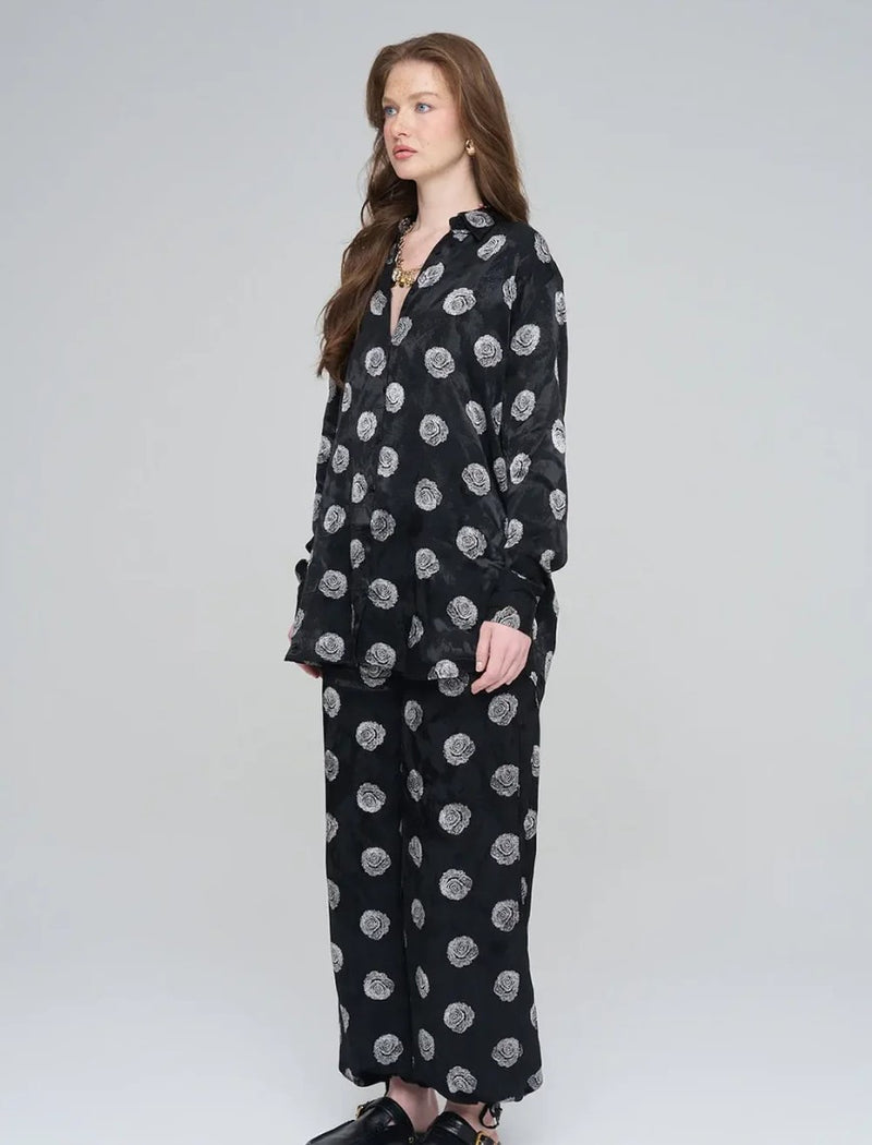 Rose Pattern Oversize Women's Shirt - Black