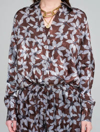 Leaf Patterned, Elastic Waist, Drapey Women's Shirt - Chocolate