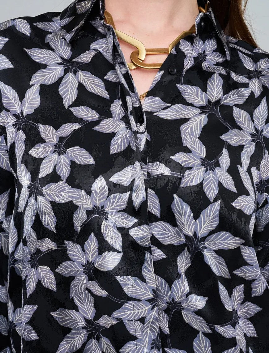 Leaf Patterned, Elasticated Waist, Draped Women's Shirt - Black