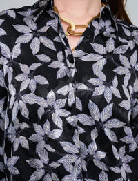 Leaf Patterned, Elasticated Waist, Draped Women's Shirt - Black