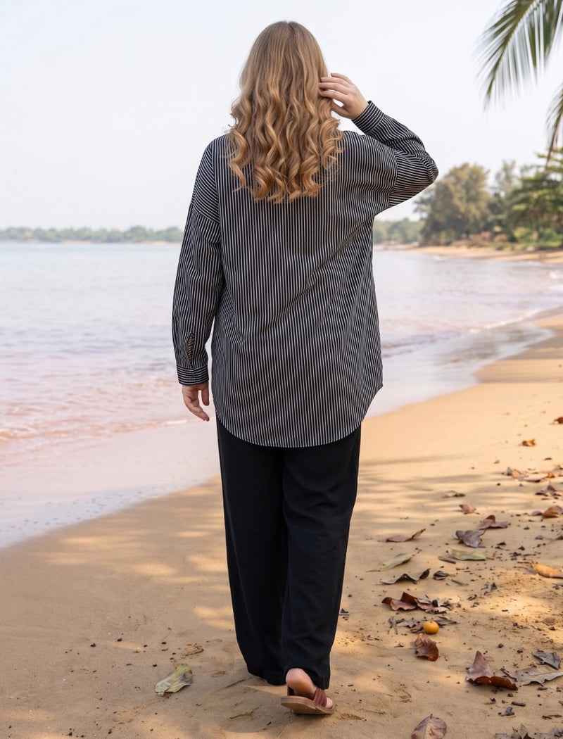 Shirt with Floral Embroidery and Stone Work Details - Black