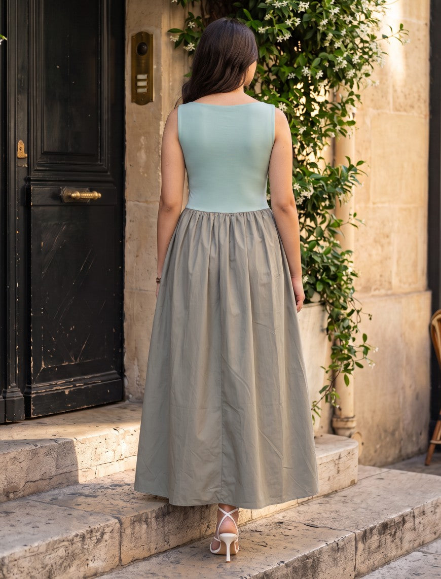 Indigo Cotton Blended Jersey Women's Frock - Green & Grey
