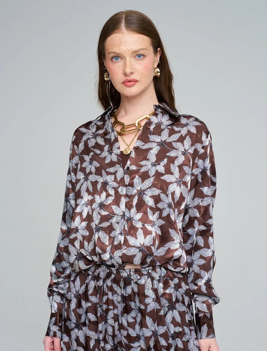 Leaf Patterned, Elastic Waist, Drapey Women's Shirt - Chocolate