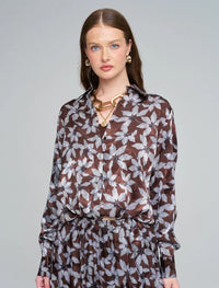 Leaf Patterned, Elastic Waist, Drapey Women's Shirt - Chocolate