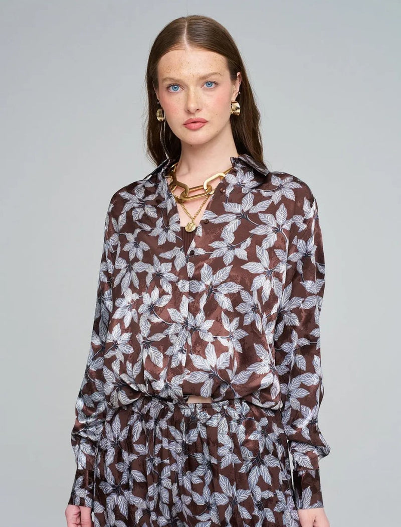 Leaf Patterned, Elastic Waist, Drapey Women's Shirt - Chocolate
