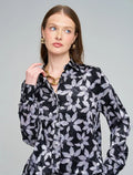 Leaf Patterned, Elasticated Waist, Draped Women's Shirt - Black