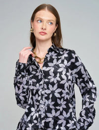 Leaf Patterned, Elasticated Waist, Draped Women's Shirt - Black