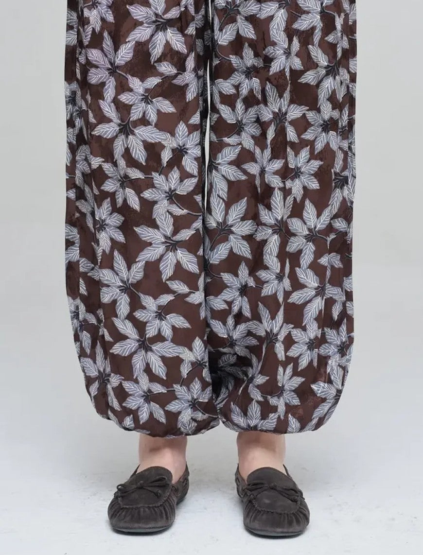 Leaf Patterned Viscose Women's Trousers with Elasticated Hem - Chocolate
