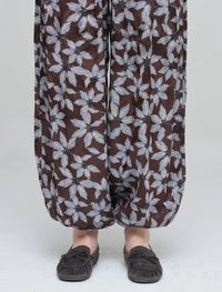 Leaf Patterned Viscose Women's Trousers with Elasticated Hem - Chocolate