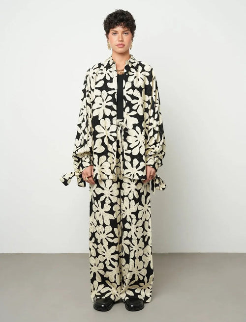 Floral Oversize Satin Shirt - Skin & Black