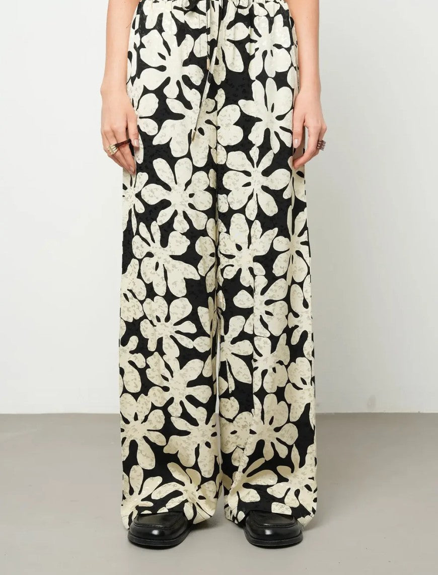 Floral Palazzo Satin Trousers - Skin & Black