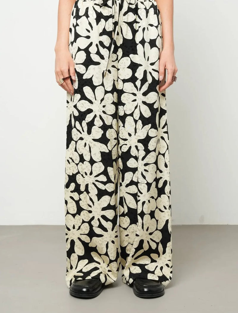 Floral Palazzo Satin Trousers - Skin & Black