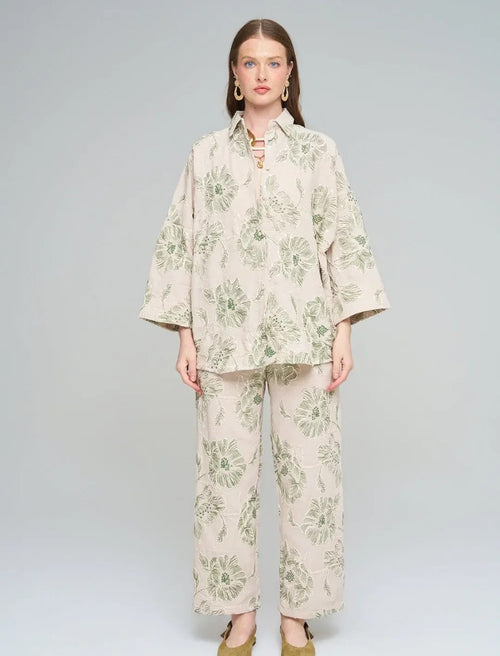 Oversize Shirt with Floral Embroidery and Sequin Details - Skin