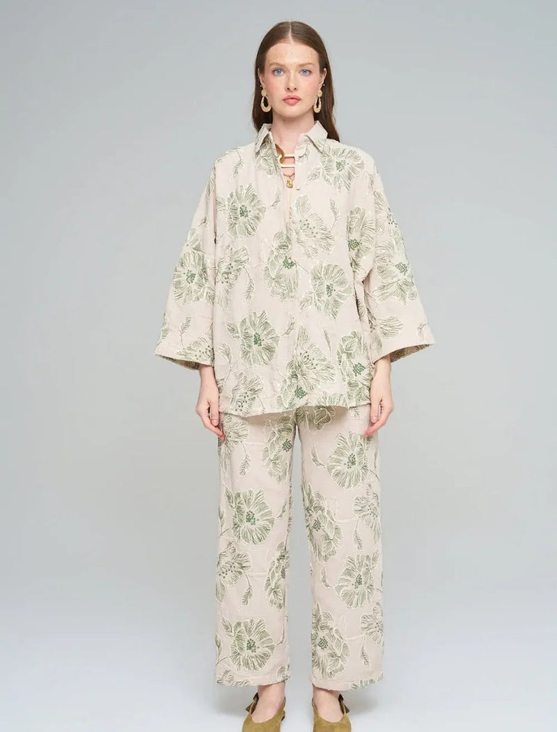 Oversize Shirt with Floral Embroidery and Sequin Details - Skin
