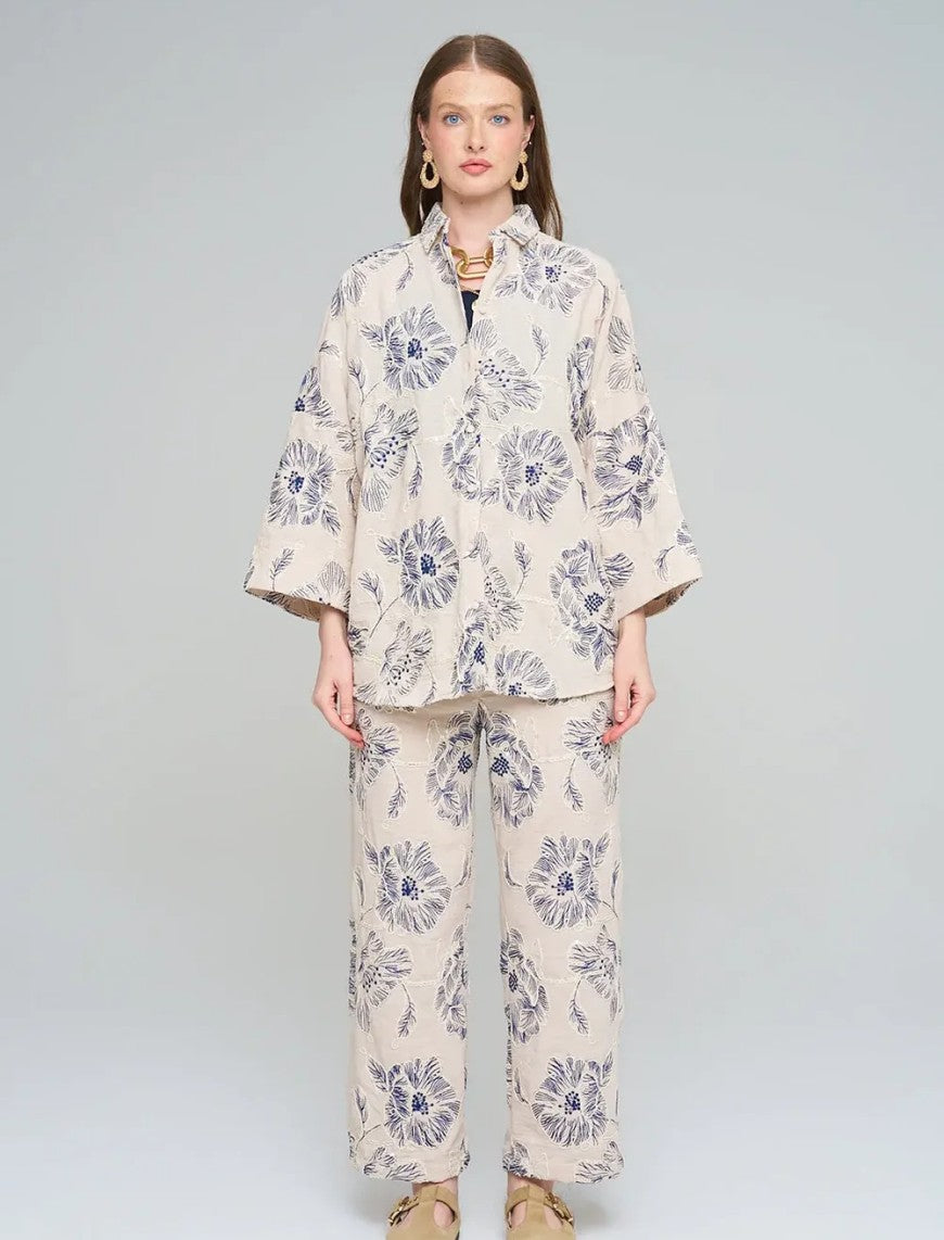 Oversize Shirt with Floral Embroidery and Sequin Details - Skin