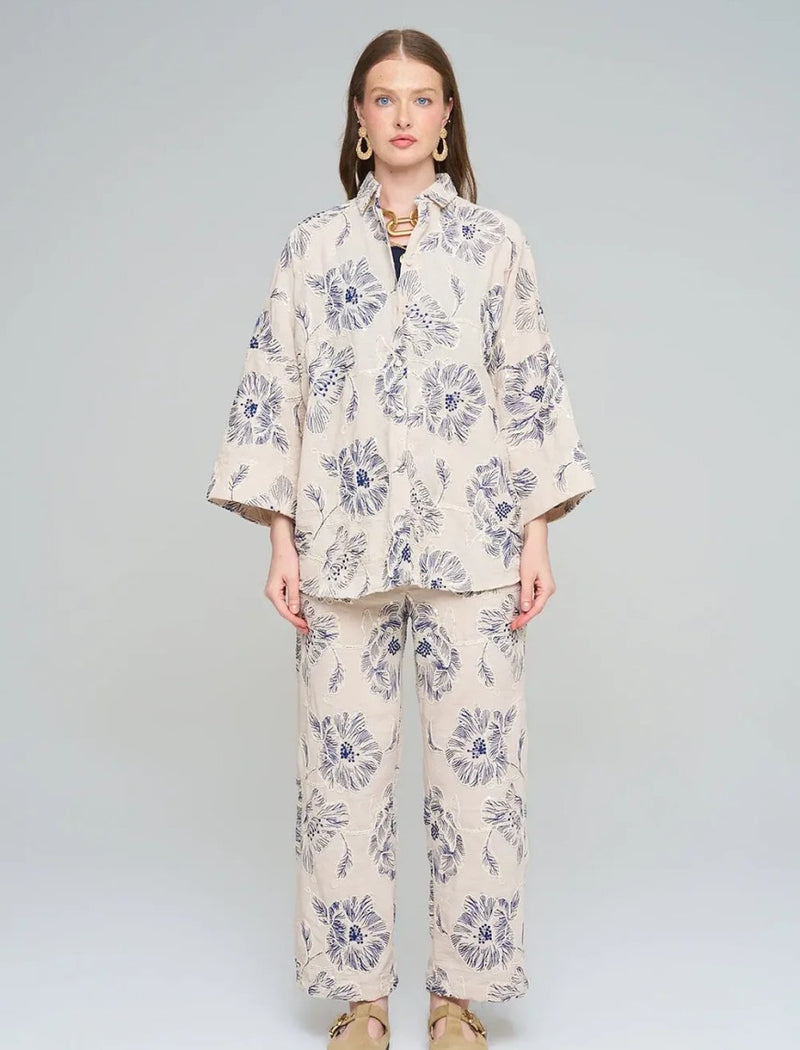 Oversize Shirt with Floral Embroidery and Sequin Details - Skin