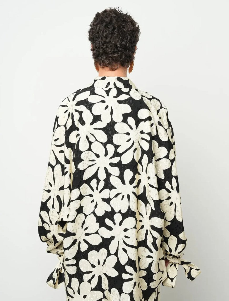 Floral Oversize Satin Shirt - Skin & Black