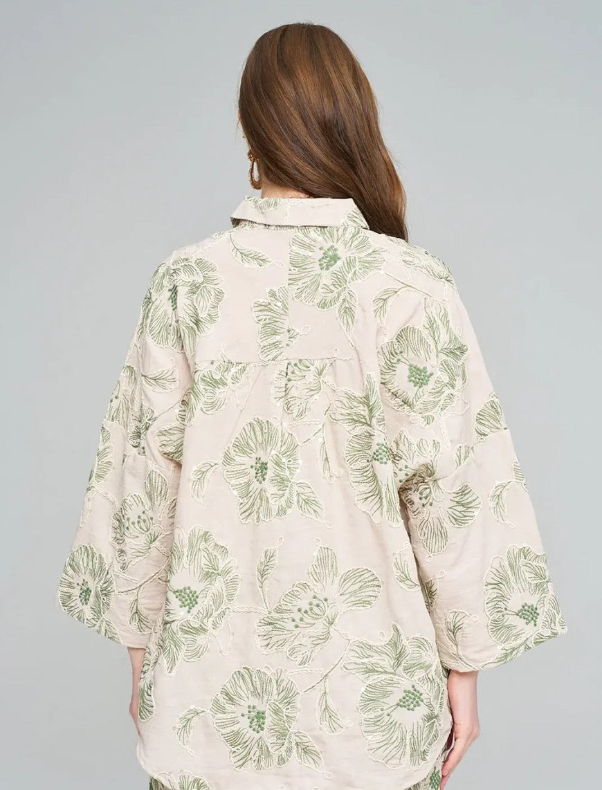 Oversize Shirt with Floral Embroidery and Sequin Details - Skin