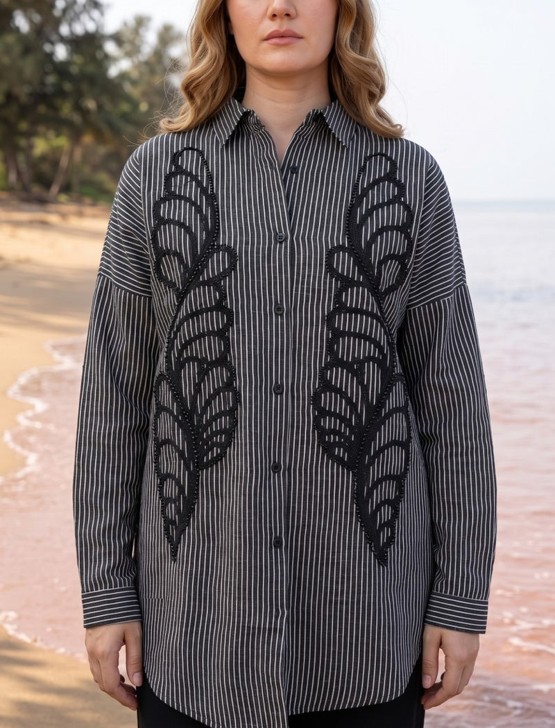 Shirt with Floral Embroidery and Stone Work Details - Black