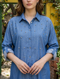 Oversize Stone Embellished Shirt - Blue