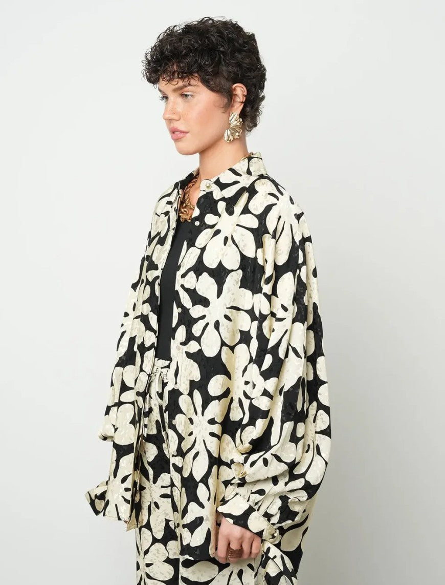 Floral Oversize Satin Shirt - Skin & Black
