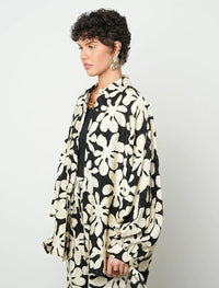 Floral Oversize Satin Shirt - Skin & Black