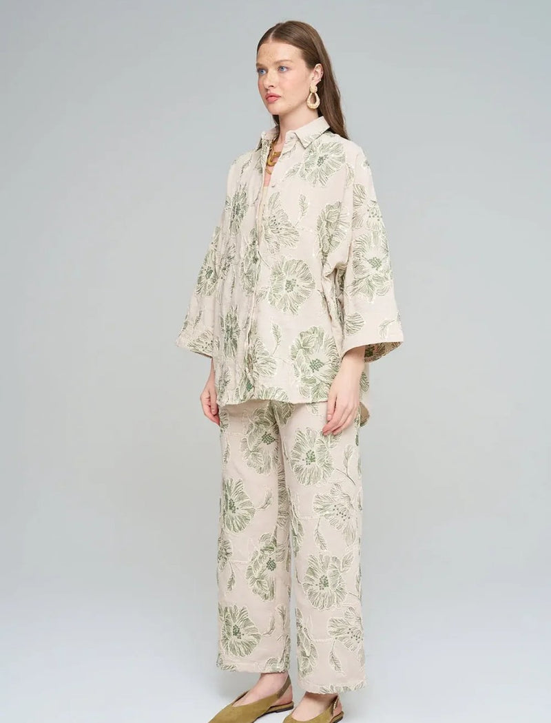 Oversize Shirt with Floral Embroidery and Sequin Details - Skin