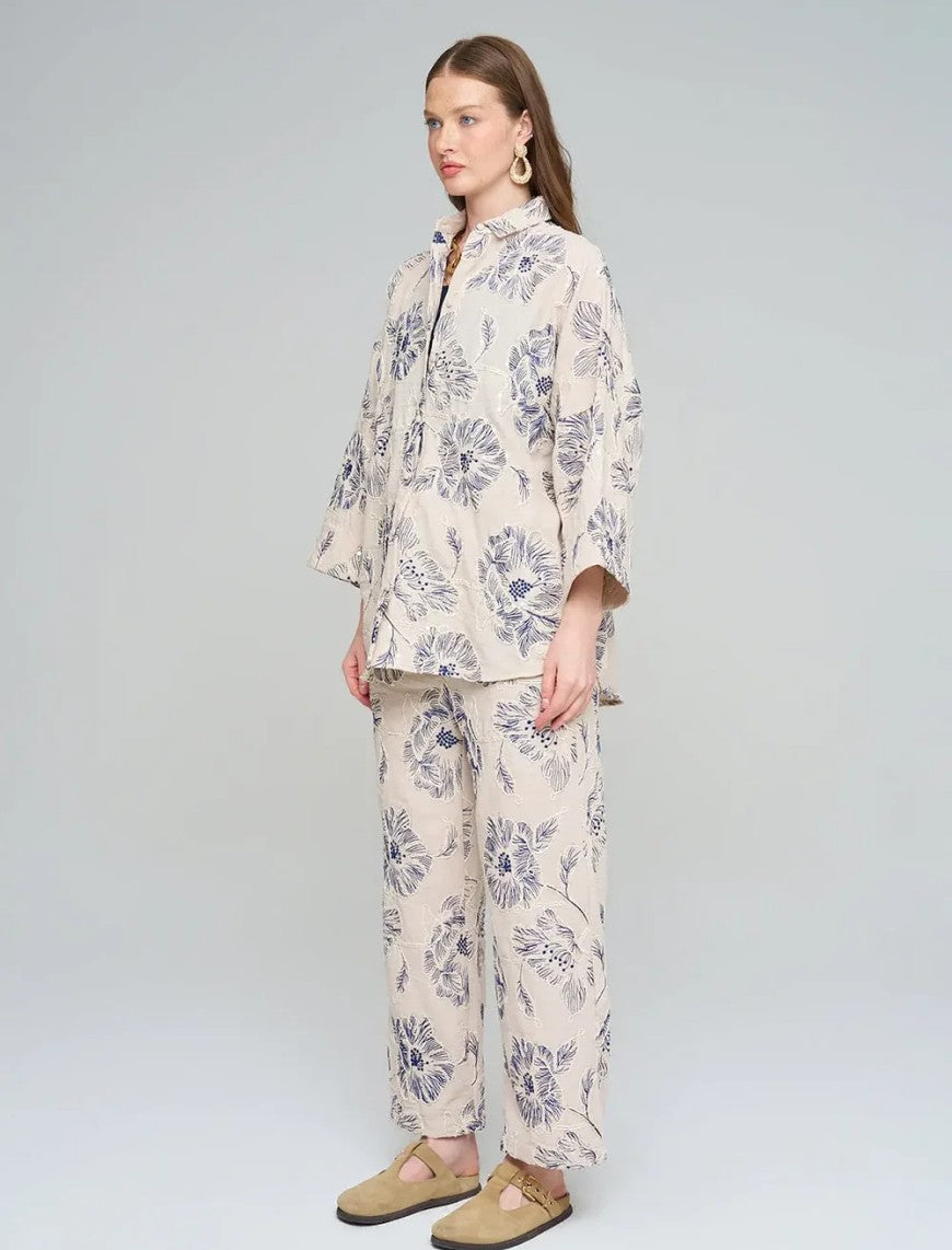 Oversize Shirt with Floral Embroidery and Sequin Details - Skin