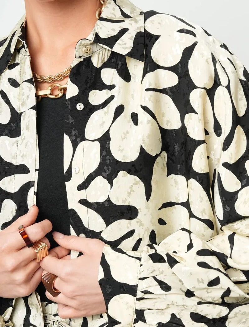 Floral Oversize Satin Shirt - Skin & Black