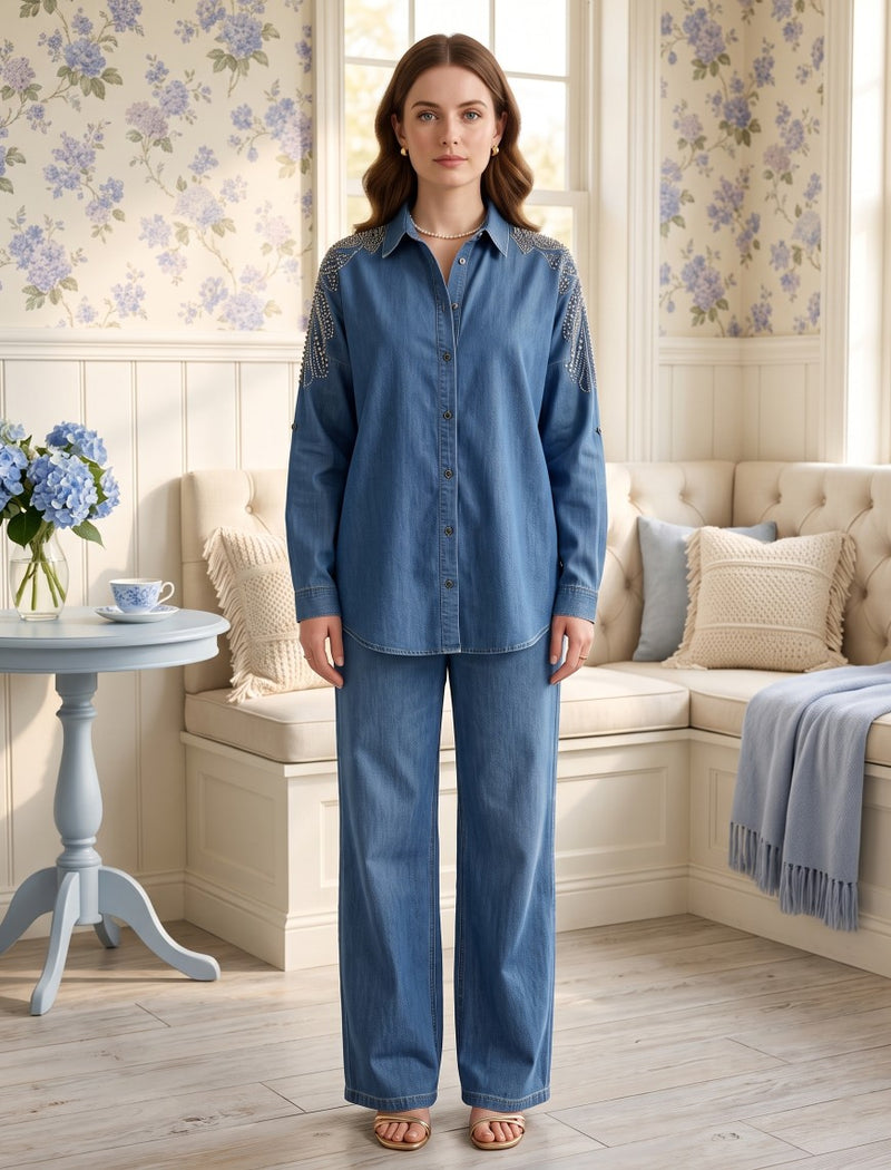 Oversize Stone Embellished Shirt - Blue