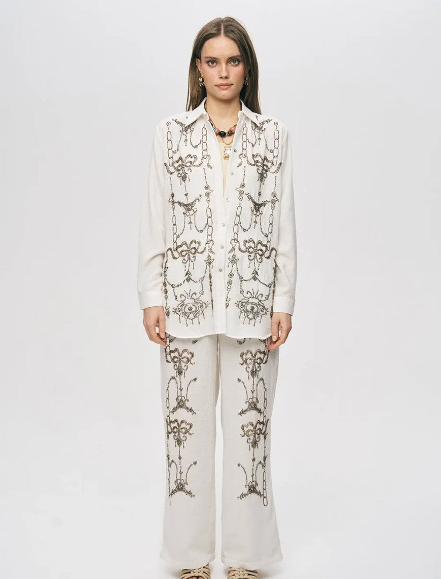 Oversize Stone Embellished Shirt - Off White