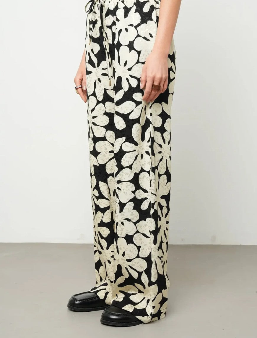 Floral Palazzo Satin Trousers - Skin & Black