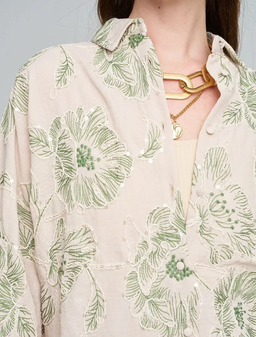 Oversize Shirt with Floral Embroidery and Sequin Details - Skin