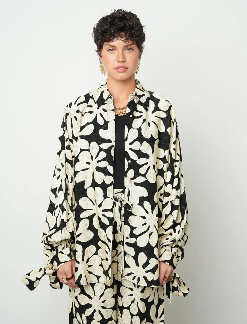 Floral Oversize Satin Shirt - Skin & Black