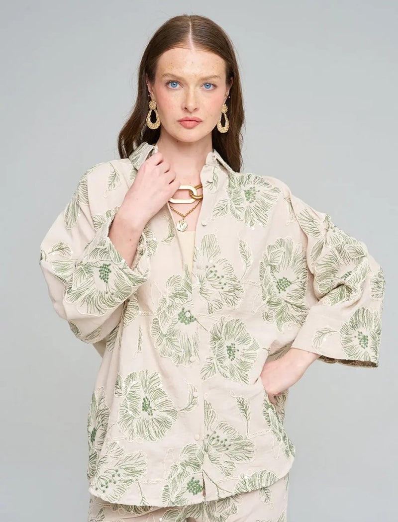 Oversize Shirt with Floral Embroidery and Sequin Details - Skin
