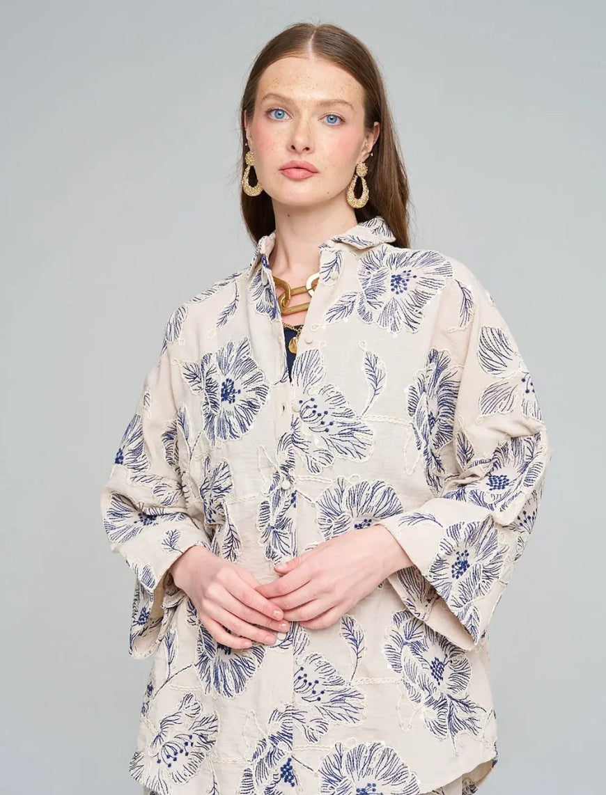 Oversize Shirt with Floral Embroidery and Sequin Details - Skin