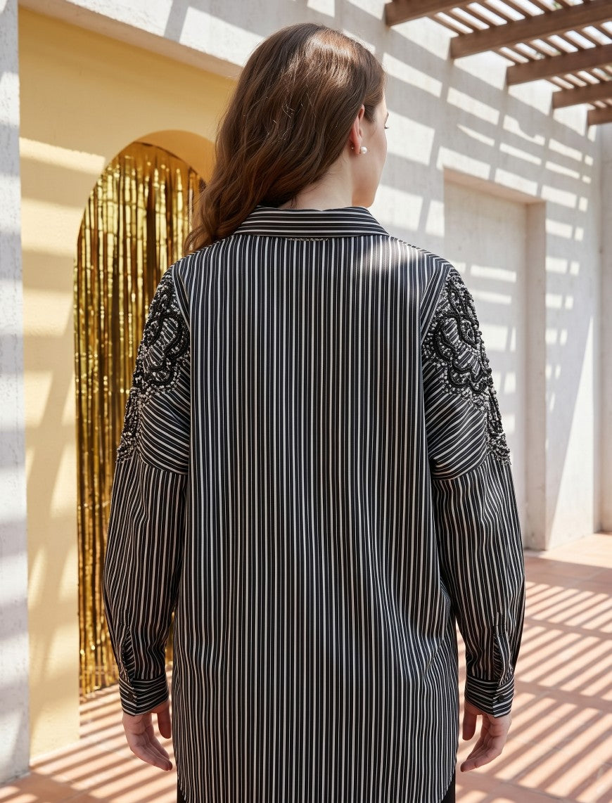 Oversize Stone Embellished Shirt - Black