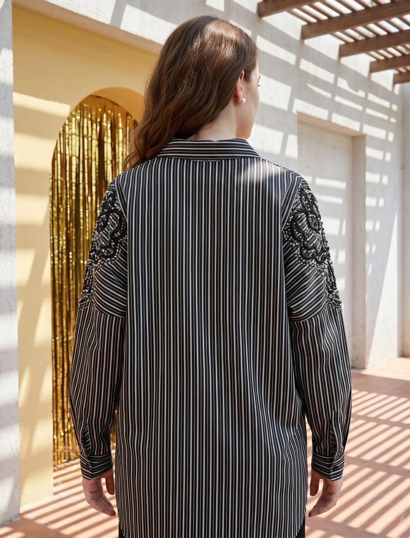 Oversize Stone Embellished Shirt - Black