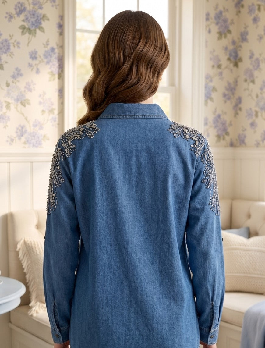 Oversize Stone Embellished Shirt - Blue