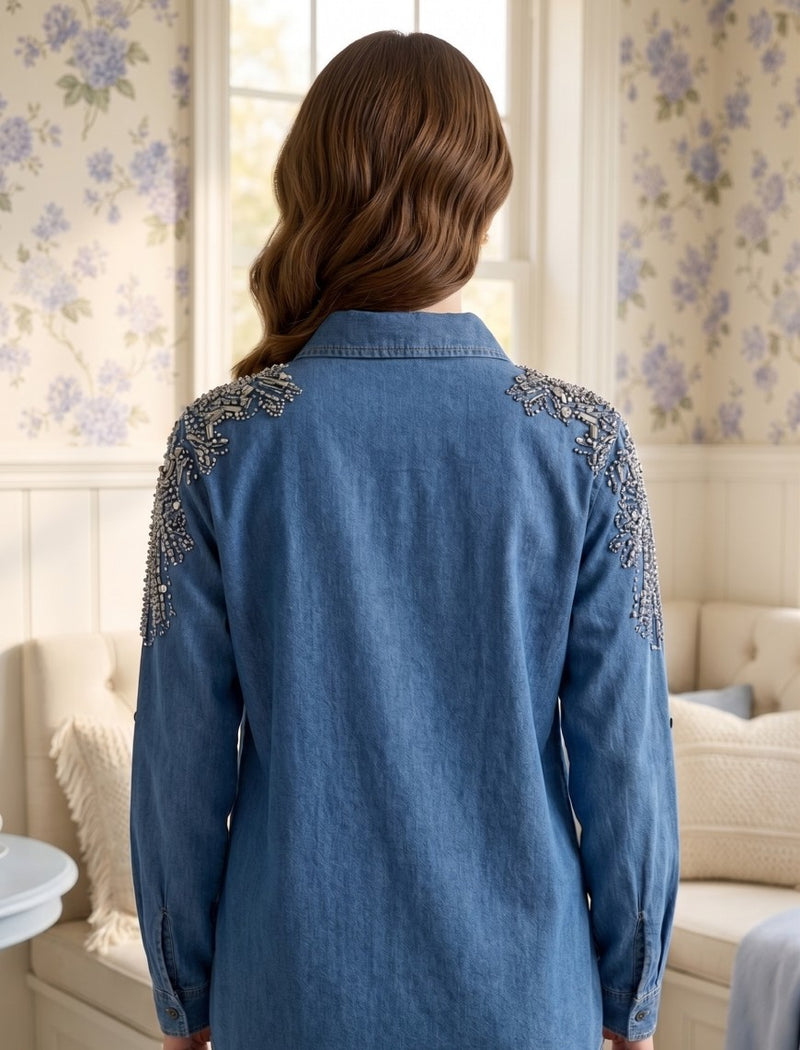 Oversize Stone Embellished Shirt - Blue