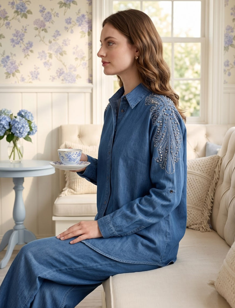 Oversize Stone Embellished Shirt - Blue