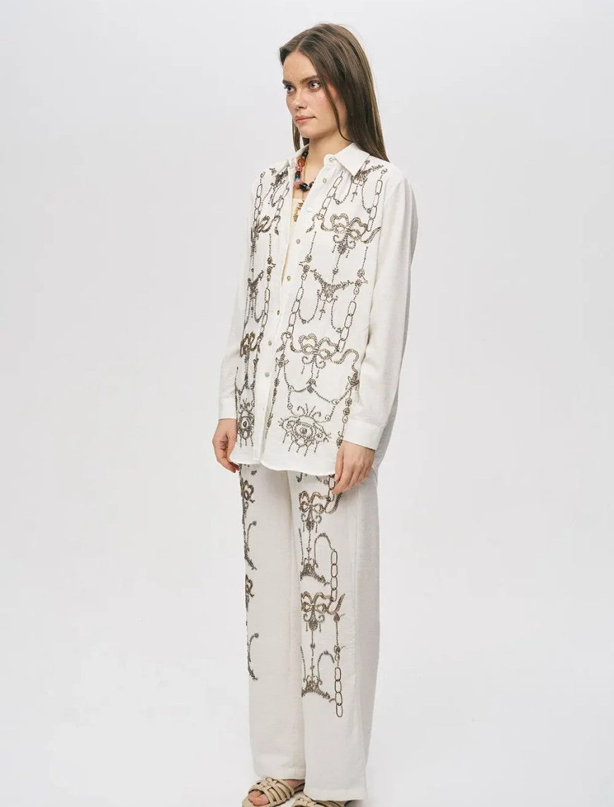 Oversize Stone Embellished Shirt - Off White